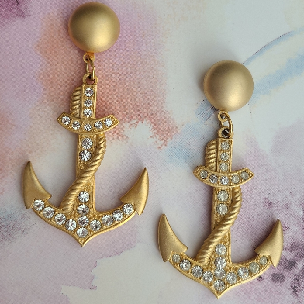 Brushed Gold and Crystal Vintage 80's Anchor Earrings